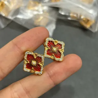 Gold-Tone Red Enamel Floral Quatrefoil Pavé-Crystal Earrings