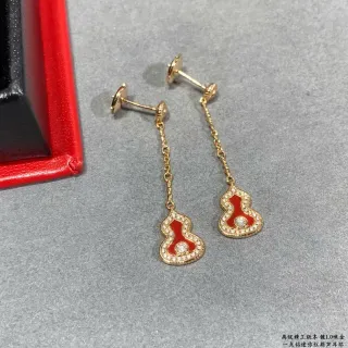 Gold-Tone Red Enamel Gourd Pendant Chain Drop Earrings