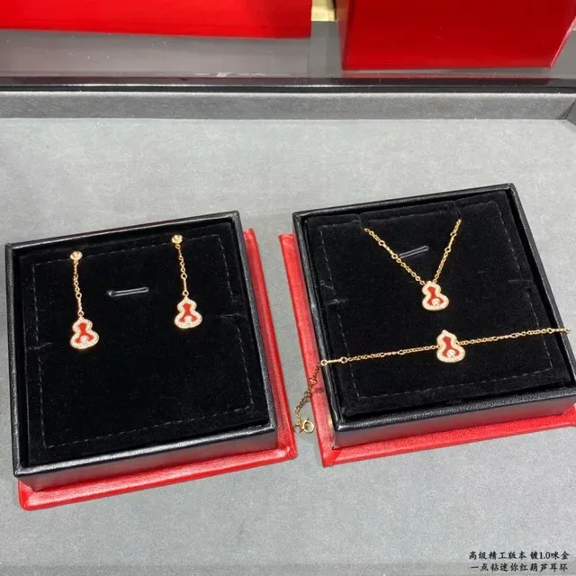Gold-Tone Red Enamel Gourd Pendant Chain Drop Earrings 3
