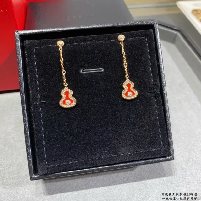 Gold-Tone Red Enamel Gourd Pendant Chain Drop Earrings 8