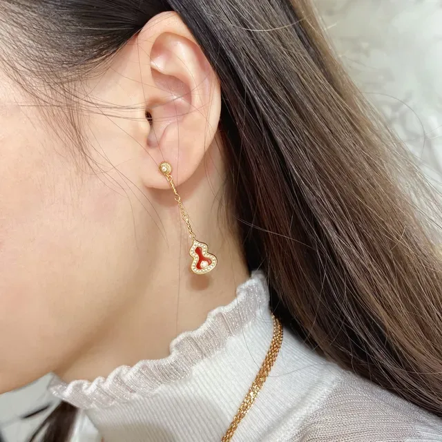 Gold-Tone Red Enamel Gourd Pendant Chain Drop Earrings 9