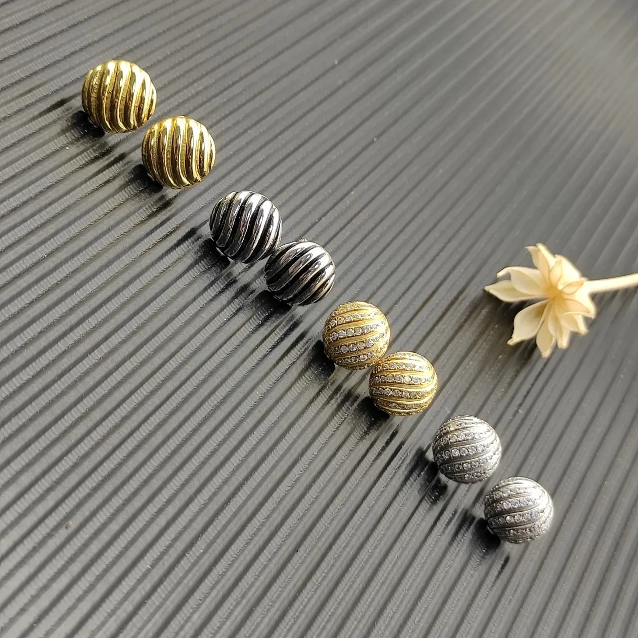 Gold-Tone Ribbed Pavé Sphere Stud Earrings 8