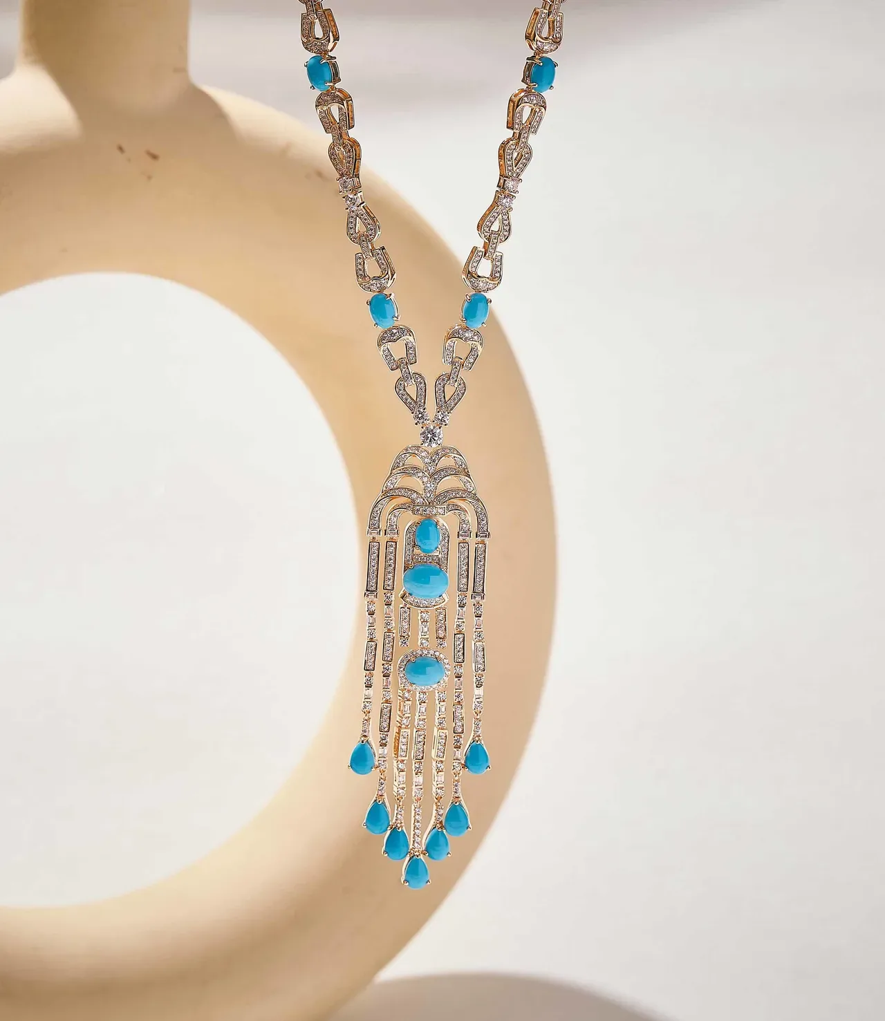 Gold-Tone Turquoise and Pavé Tassel Pendant Necklace 3