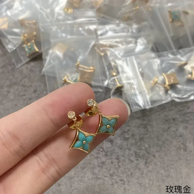 Gold-Tone Turquoise Enamel Quatrefoil Dangling Earrings 3
