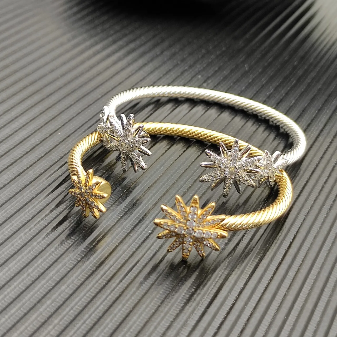 Gold Transparent Rope-Textured Cuff Pavé Crystal Starburst Motif Bracelet 2