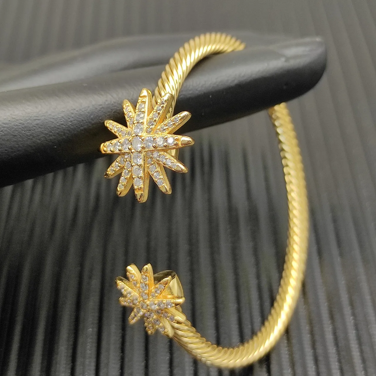 Gold Transparent Rope-Textured Cuff Pavé Crystal Starburst Motif Bracelet 3