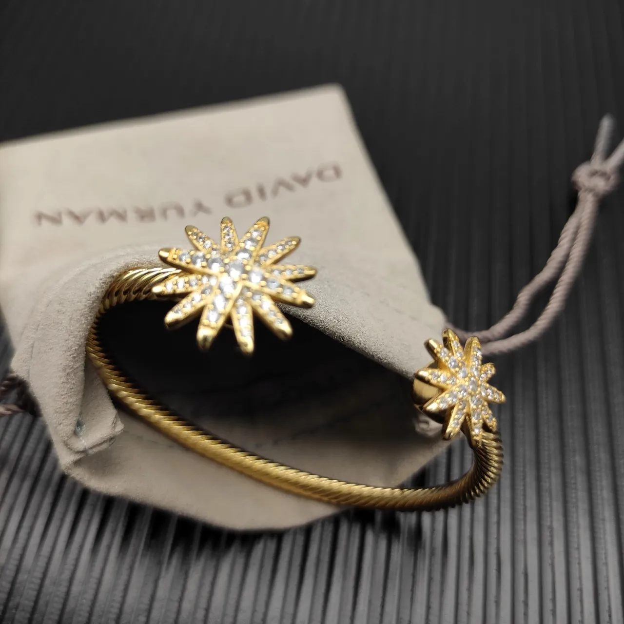 Gold Transparent Rope-Textured Cuff Pavé Crystal Starburst Motif Bracelet 4