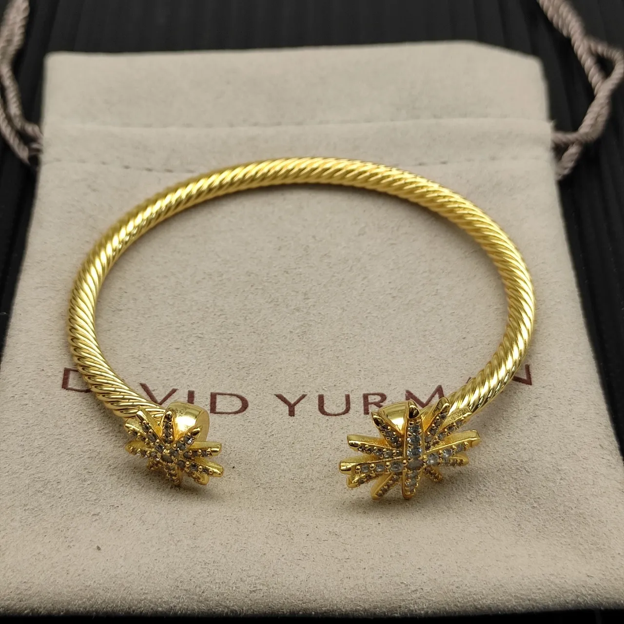 Gold Transparent Rope-Textured Cuff Pavé Crystal Starburst Motif Bracelet 6