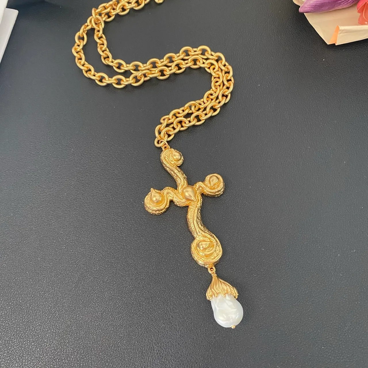 Gold White Curb Chain Ornate Cross Pendant Necklace 9