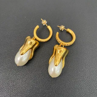Gold White Hoop Pearl-Like Teardrop Earrings