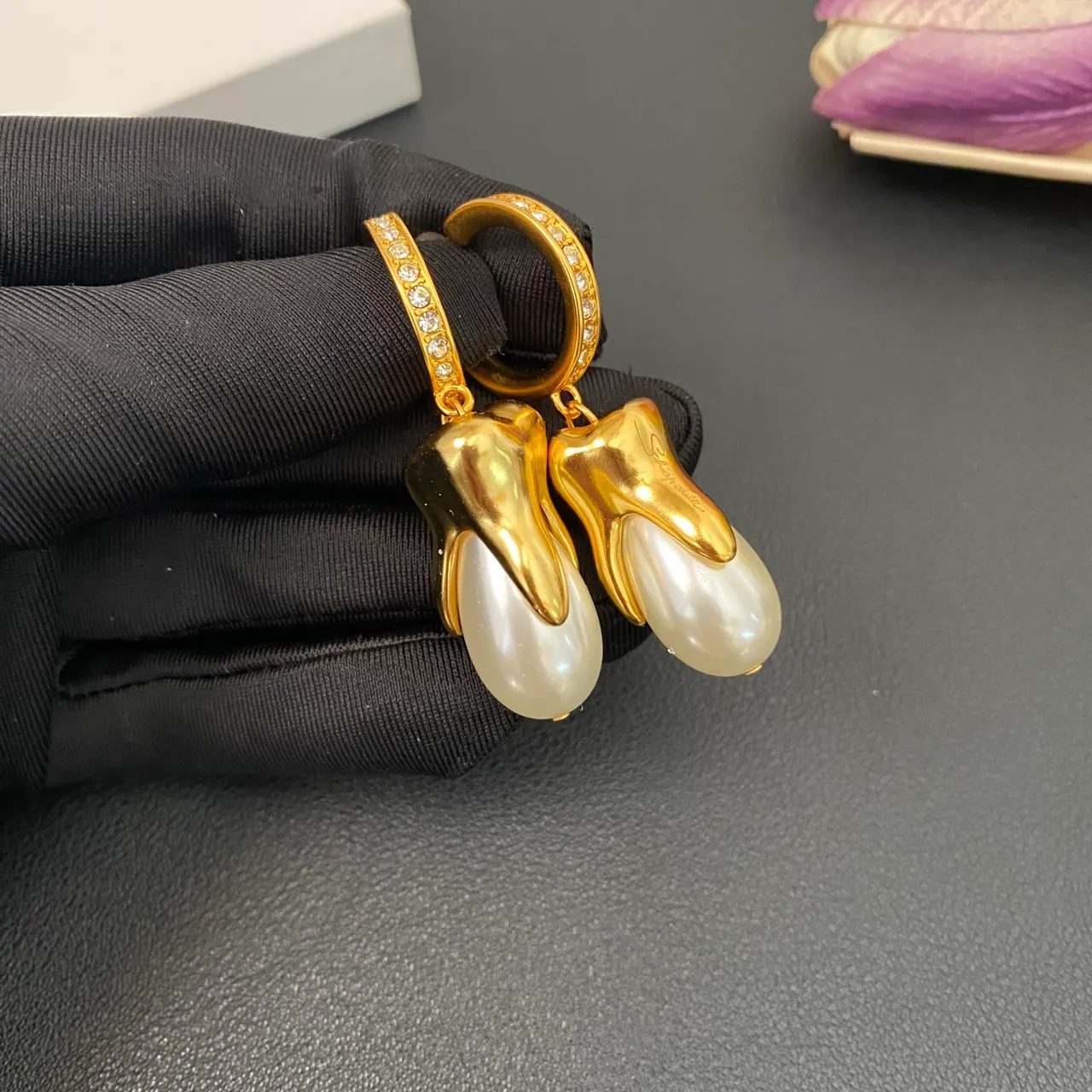 Gold White Hoop Pearl-Like Teardrop Earrings 5