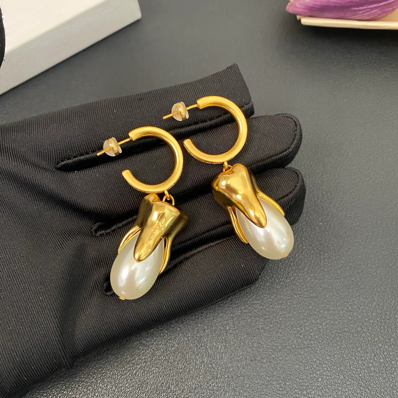 Gold White Hoop Pearl-Like Teardrop Earrings 6
