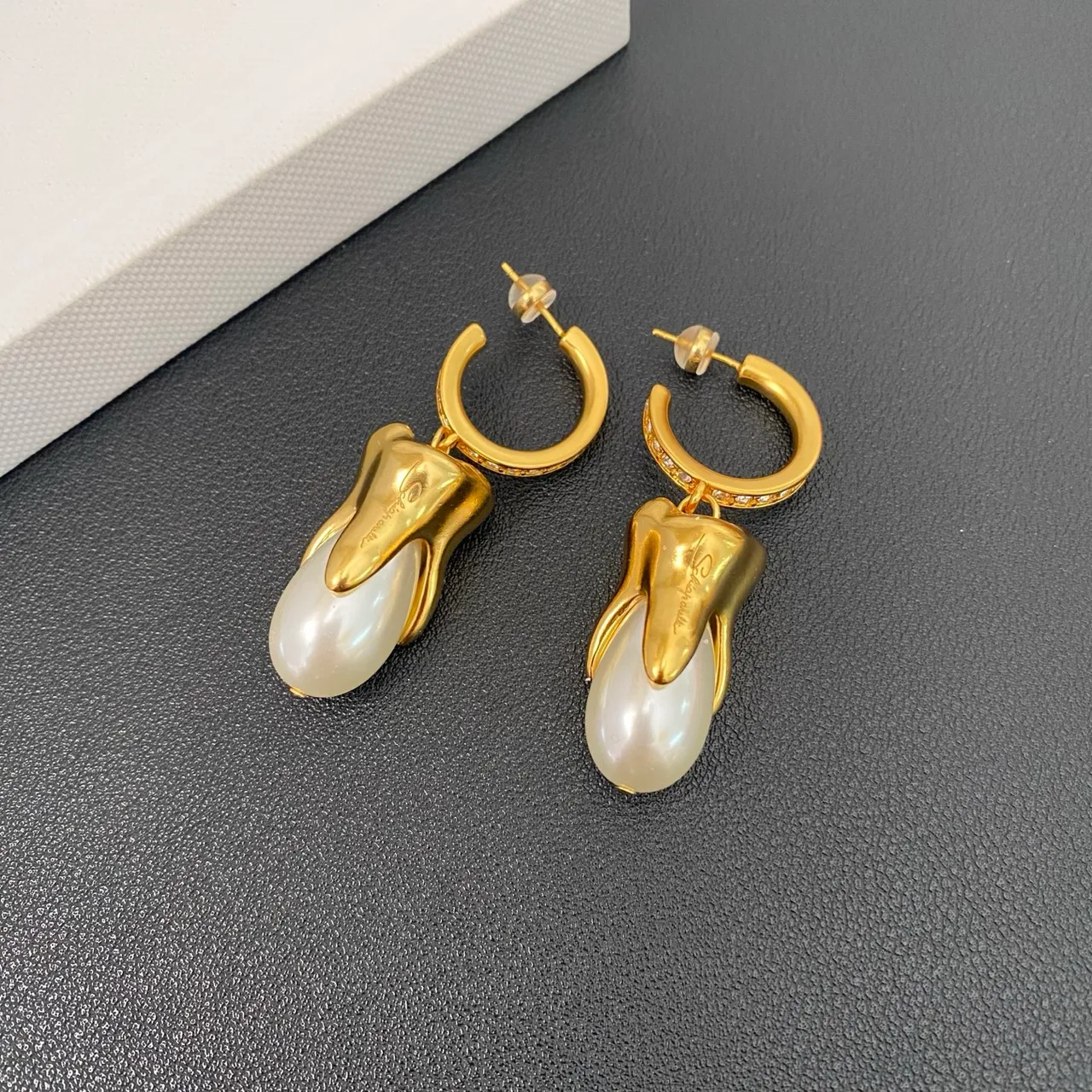 Gold White Hoop Pearl-Like Teardrop Earrings 9