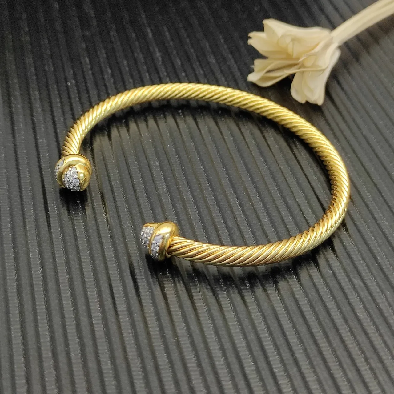 Gold White Twisted Rope Cable Open Bangle Bracelet 2