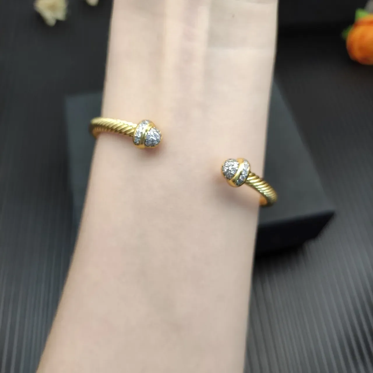 Gold White Twisted Rope Cable Open Bangle Bracelet 3