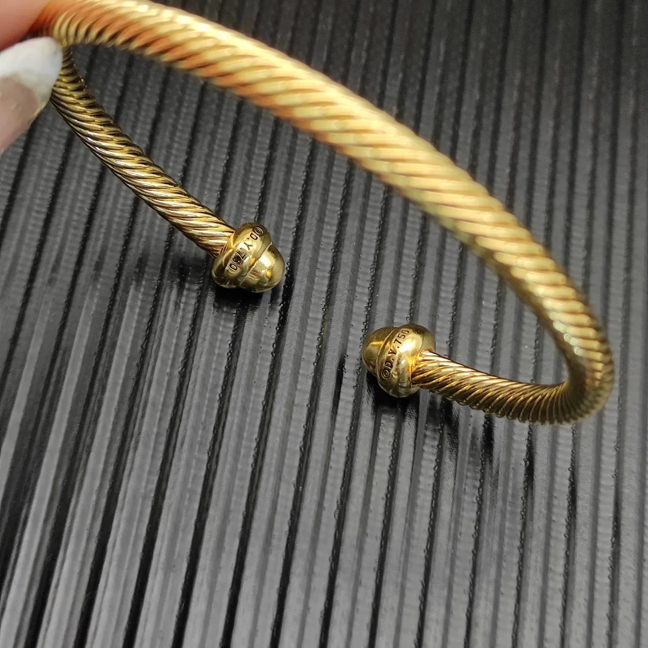 Gold White Twisted Rope Cable Open Bangle Bracelet 7