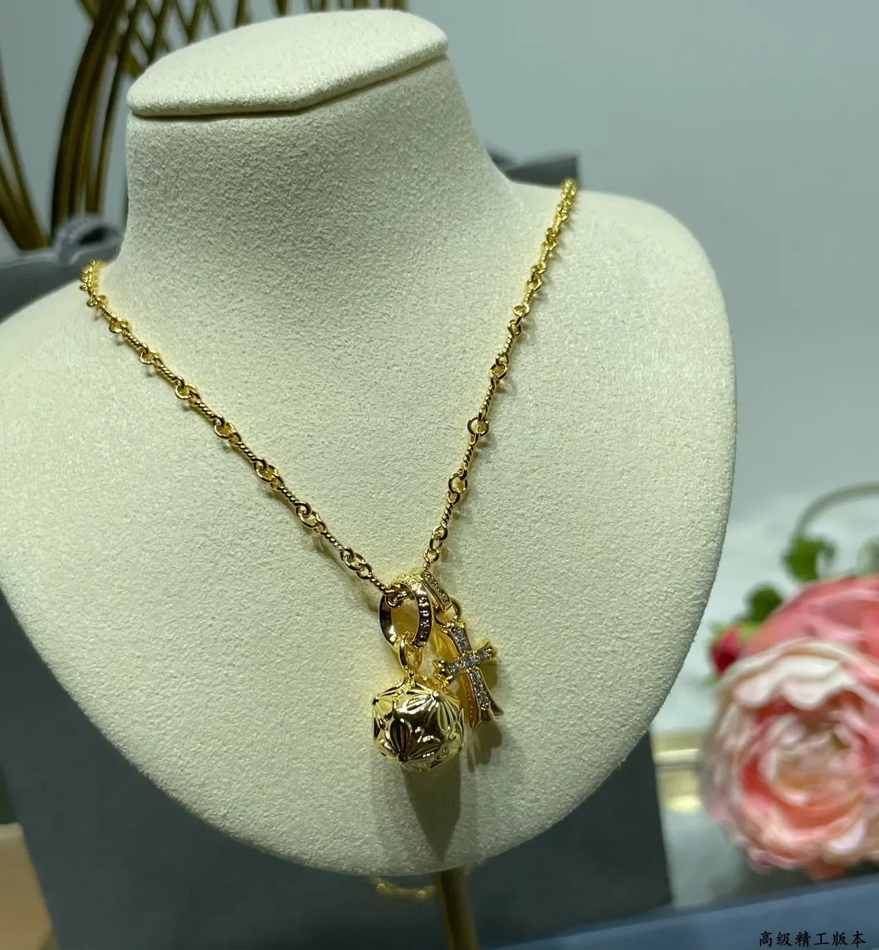 Gold White Twisted Rope Chain Pavé-Set Cross Pendant Necklace 5