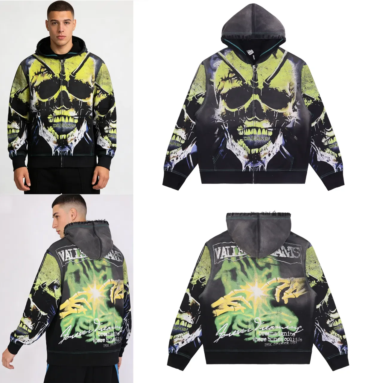Graphic-Print Distressed Wash Skull Motif Full-Zip Hoodie 2