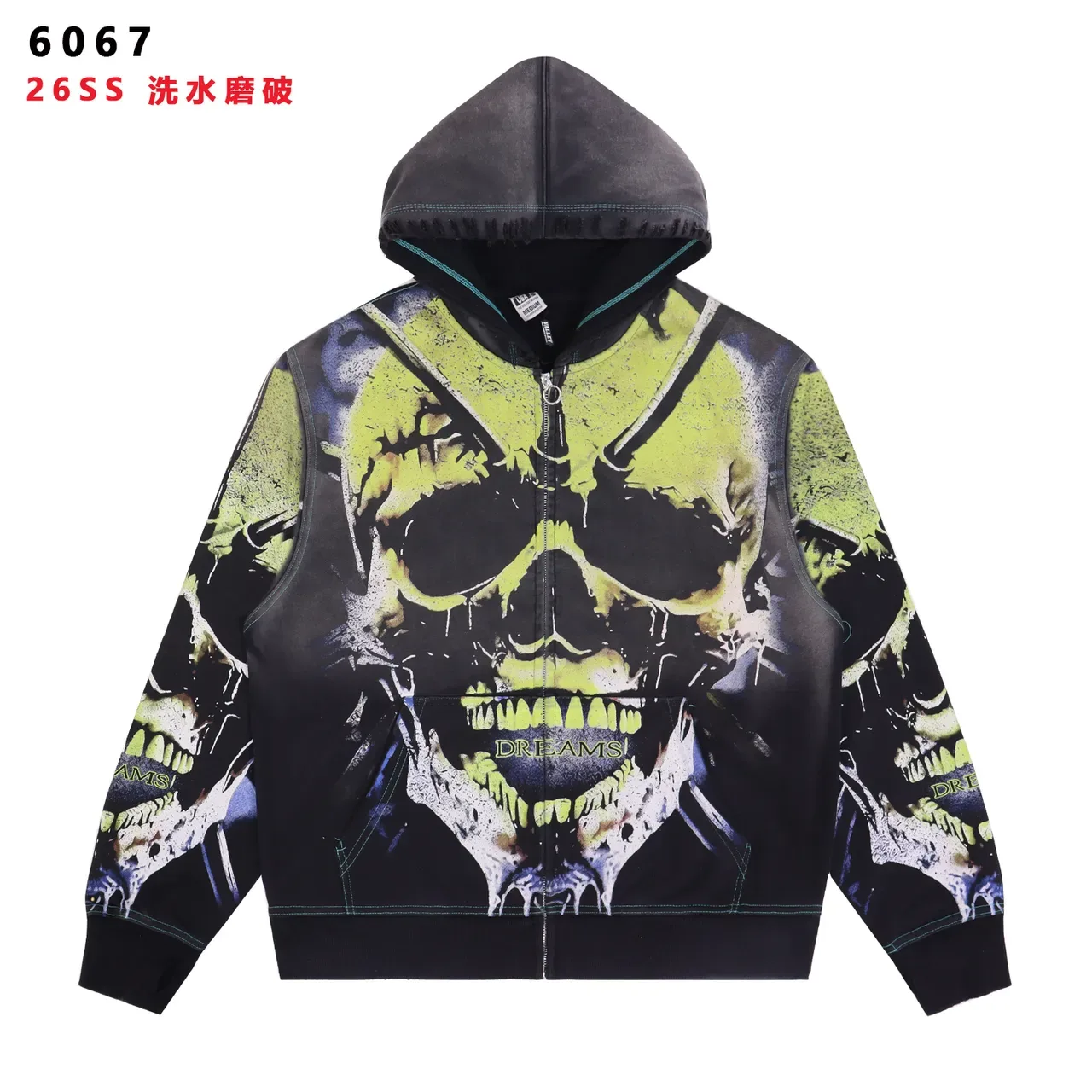 Graphic-Print Distressed Wash Skull Motif Full-Zip Hoodie 3