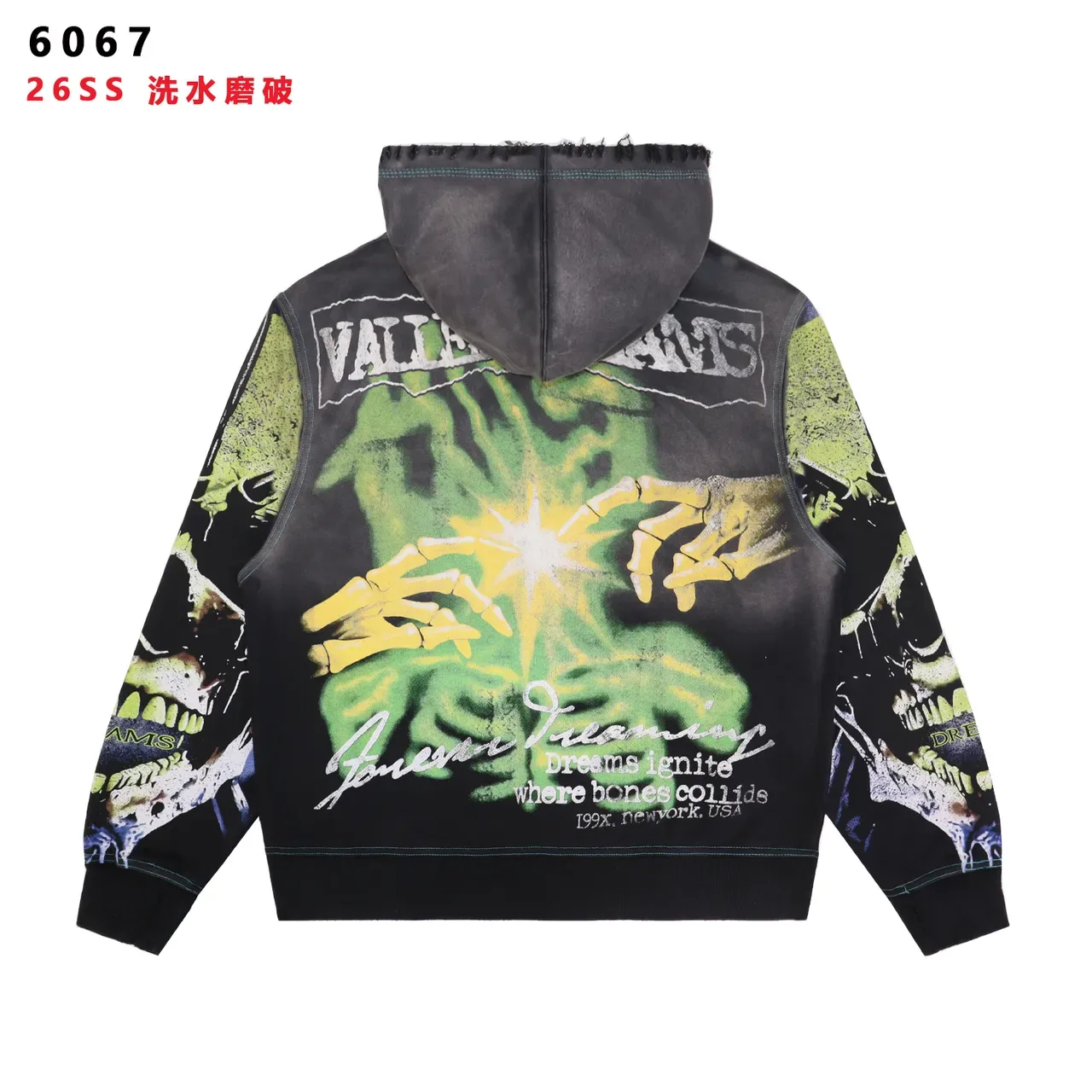 Graphic-Print Distressed Wash Skull Motif Full-Zip Hoodie 4