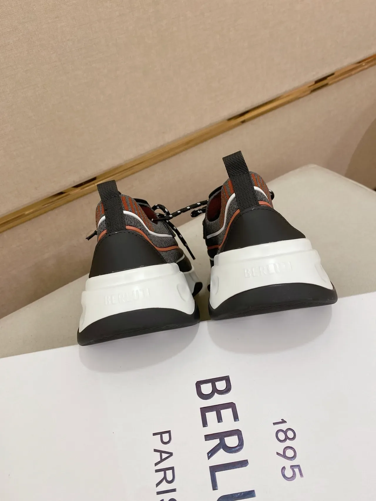 Gray and Orange Logo-Accented Knit Sneaker 3