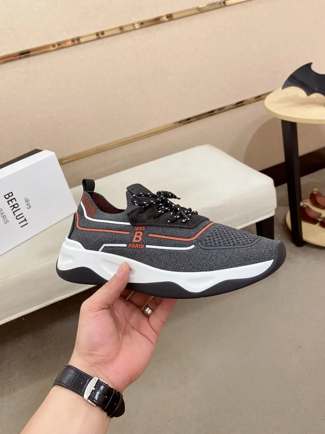 Gray and Orange Logo-Accented Knit Sneaker 5
