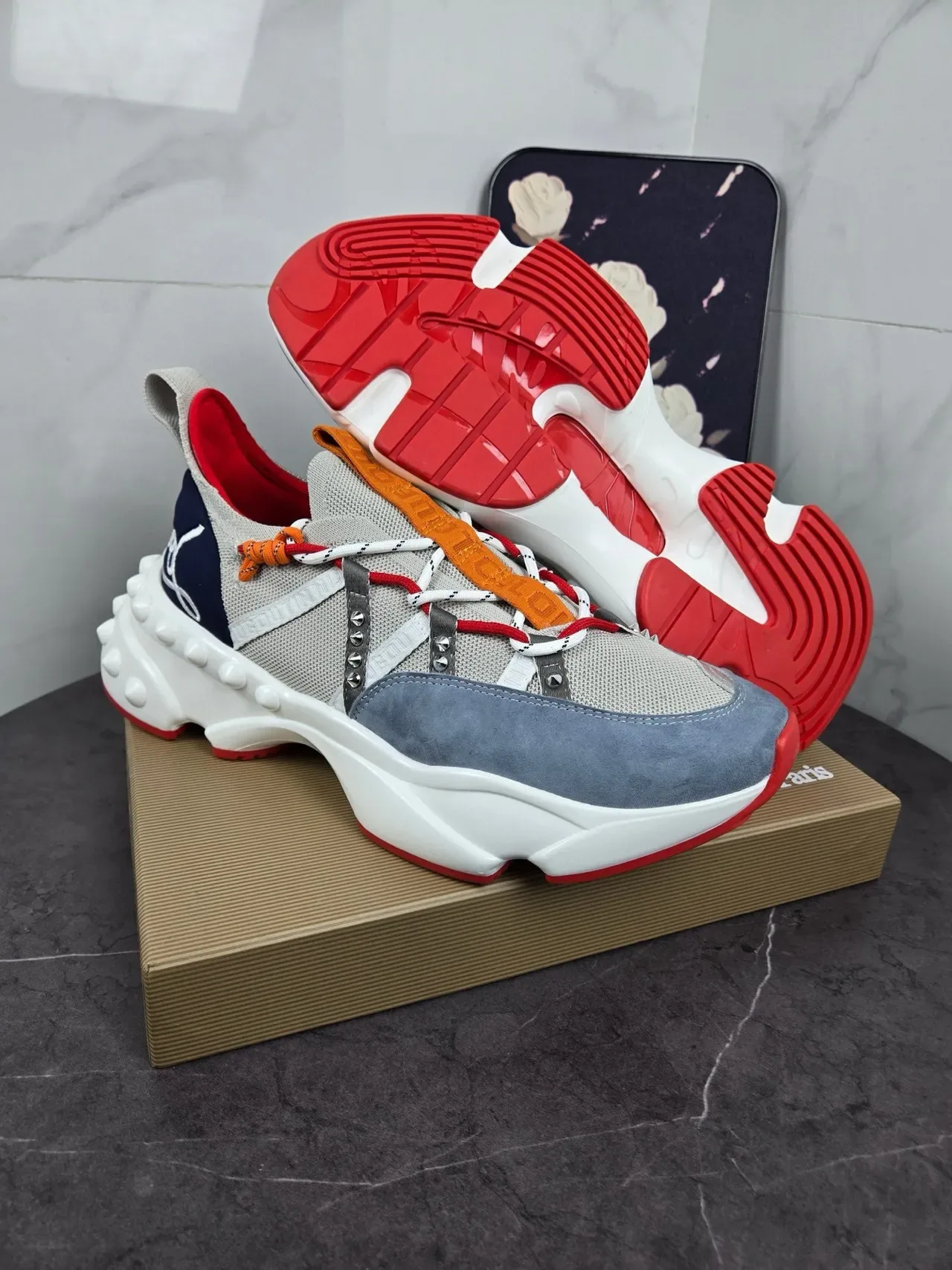 Gray Blue Chunky Sculpted Sole Dual-Lace System Sneakers 3