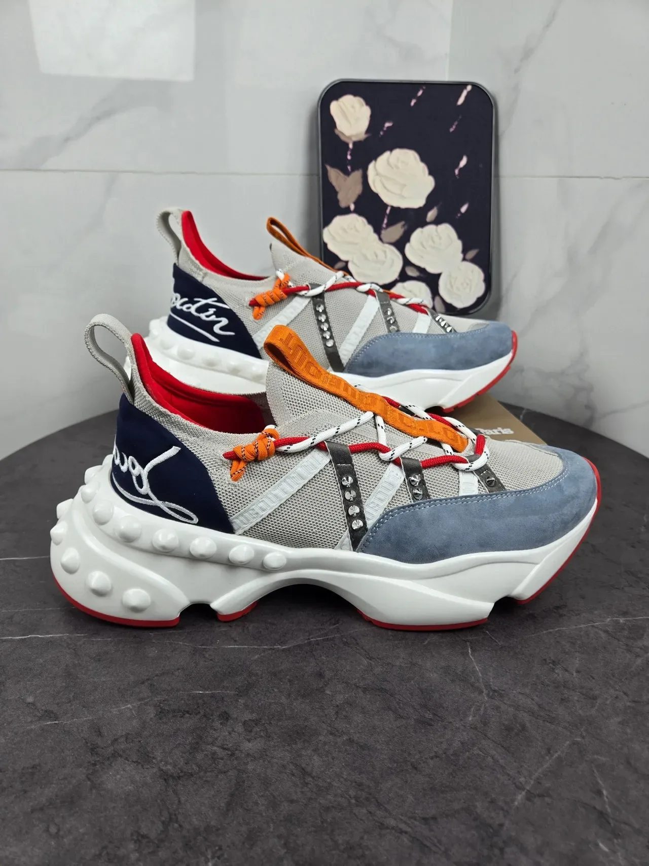 Gray Blue Chunky Sculpted Sole Dual-Lace System Sneakers 8