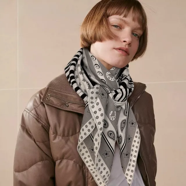 Gray Double-Faced Printed Equestrian Motif Silk Scarf 2