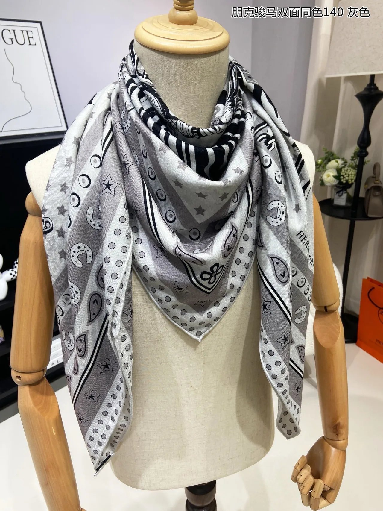 Gray Double-Faced Printed Equestrian Motif Silk Scarf 6