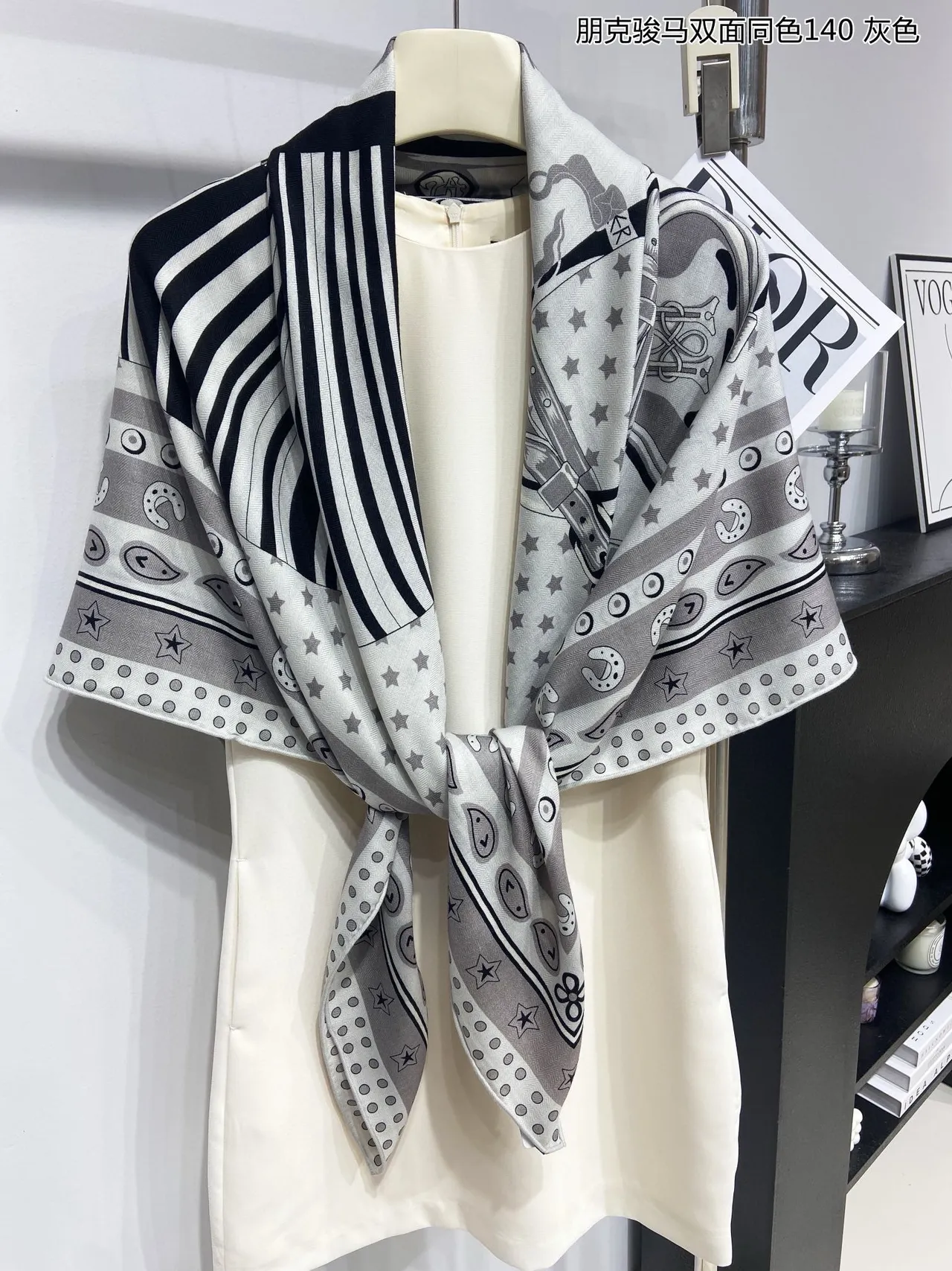 Gray Double-Faced Printed Equestrian Motif Silk Scarf 8