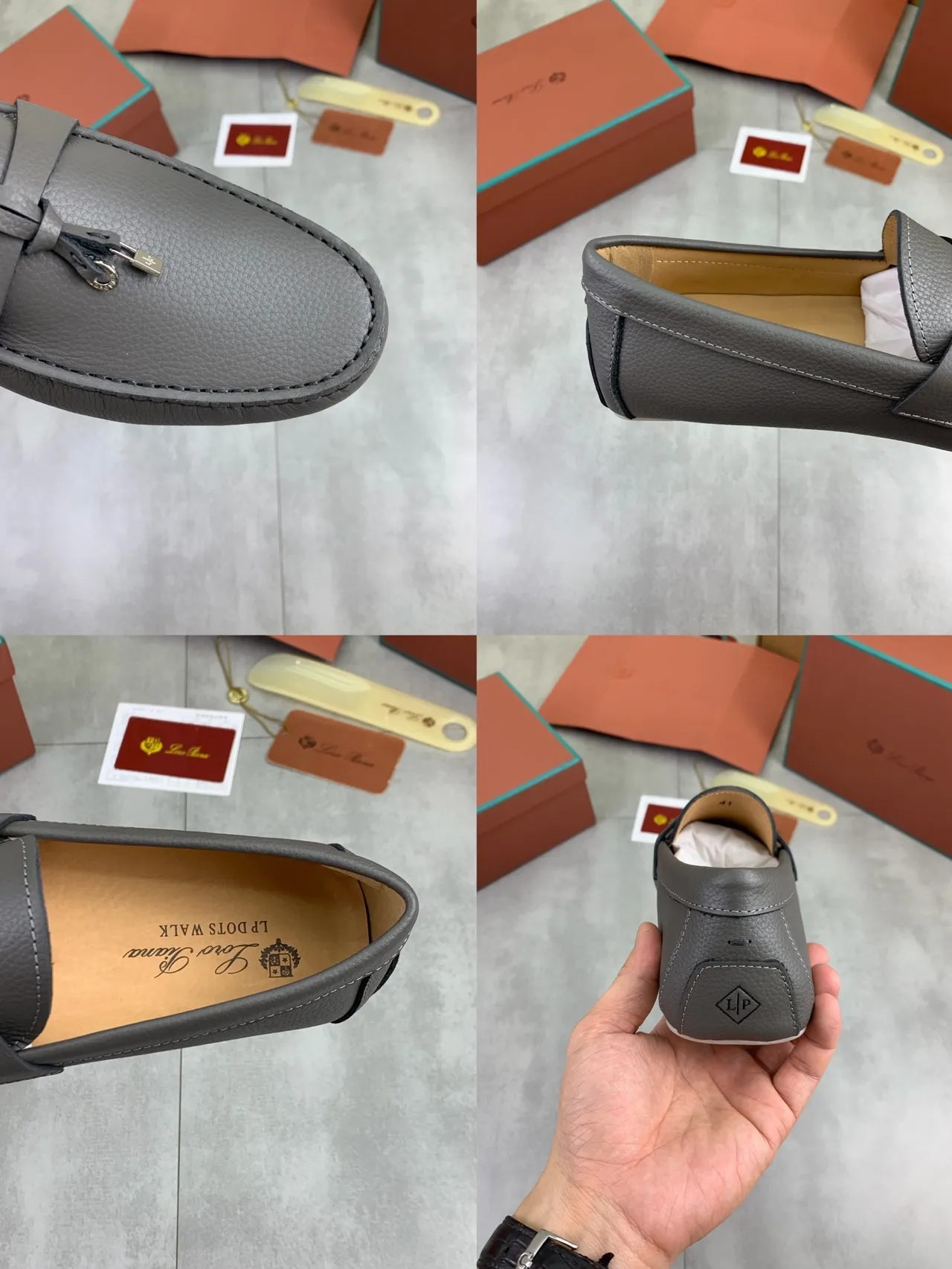 Gray Pebbled Leather Tassel Strap Loafers 2