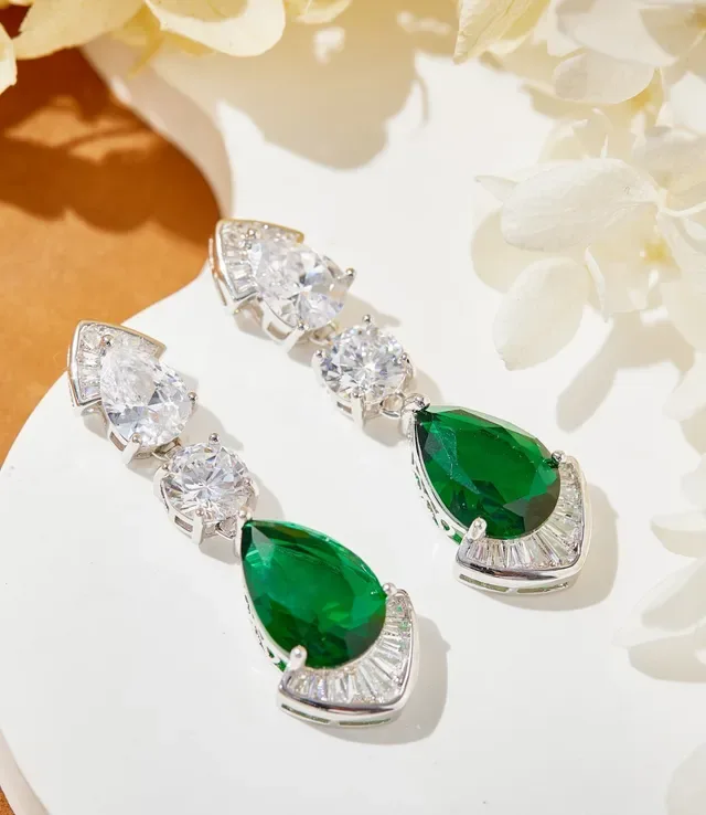 Green and Clear Gemstone Drop Earrings 6