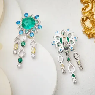 Green Blue Multi-Gem Floral Cluster Dangling Teardrop Motifs Earrings