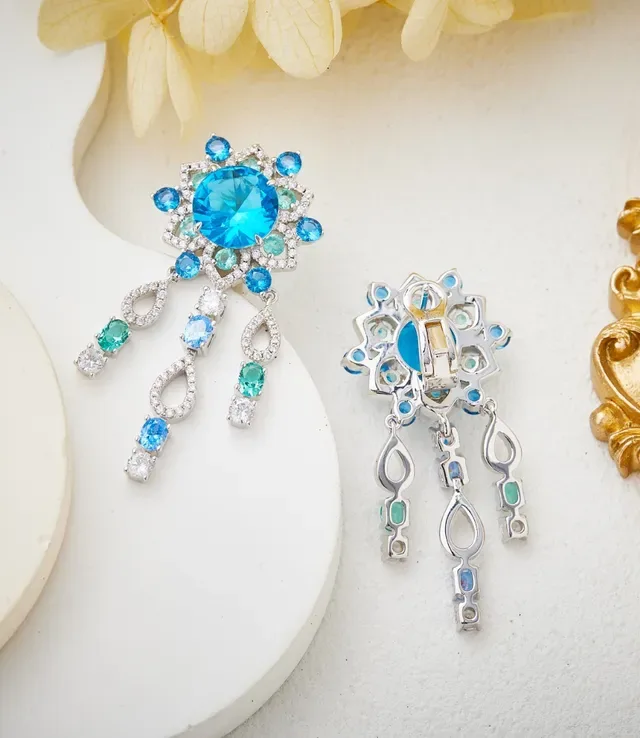 Green Blue Multi-Gem Floral Cluster Dangling Teardrop Motifs Earrings 3