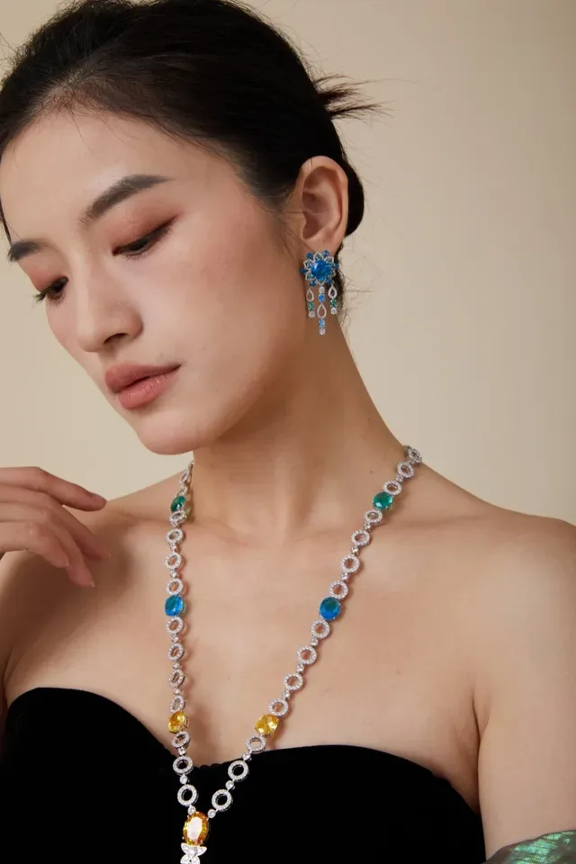 Green Blue Multi-Gem Floral Cluster Dangling Teardrop Motifs Earrings 4