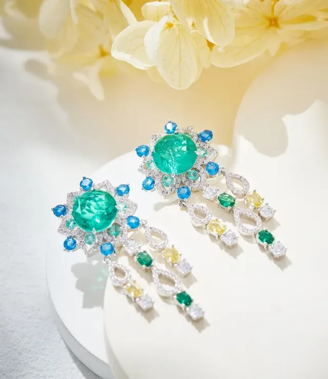 Green Blue Multi-Gem Floral Cluster Dangling Teardrop Motifs Earrings 5