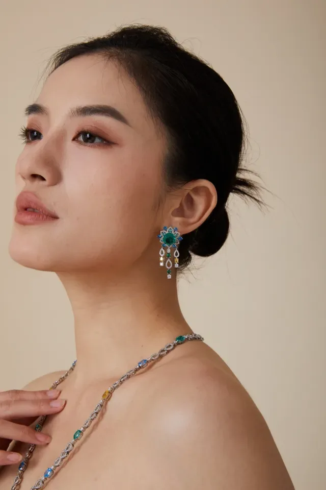 Green Blue Multi-Gem Floral Cluster Dangling Teardrop Motifs Earrings 6