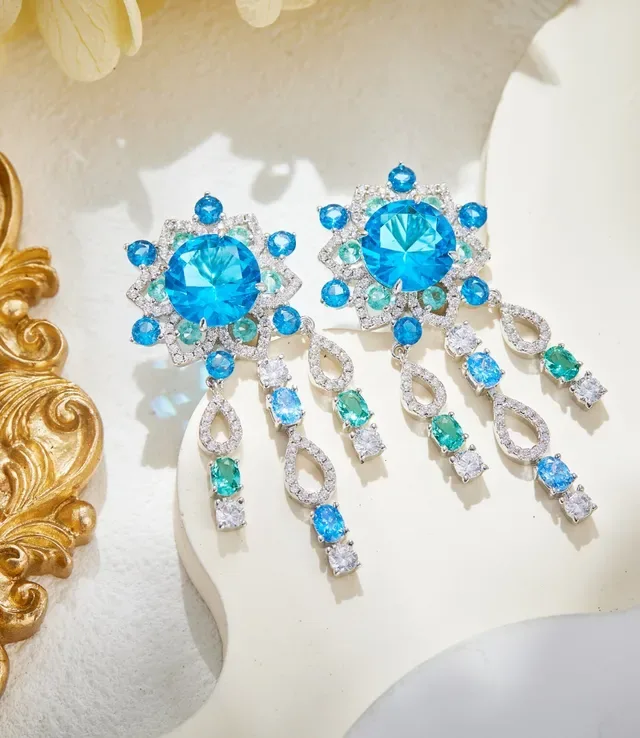 Green Blue Multi-Gem Floral Cluster Dangling Teardrop Motifs Earrings 7