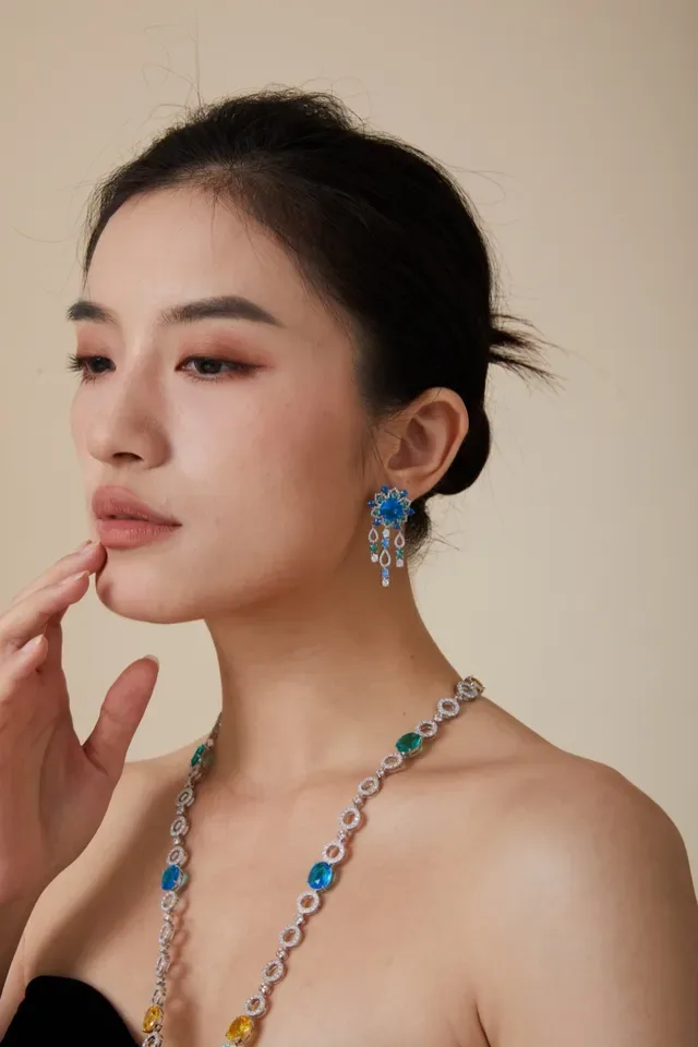 Green Blue Multi-Gem Floral Cluster Dangling Teardrop Motifs Earrings 8