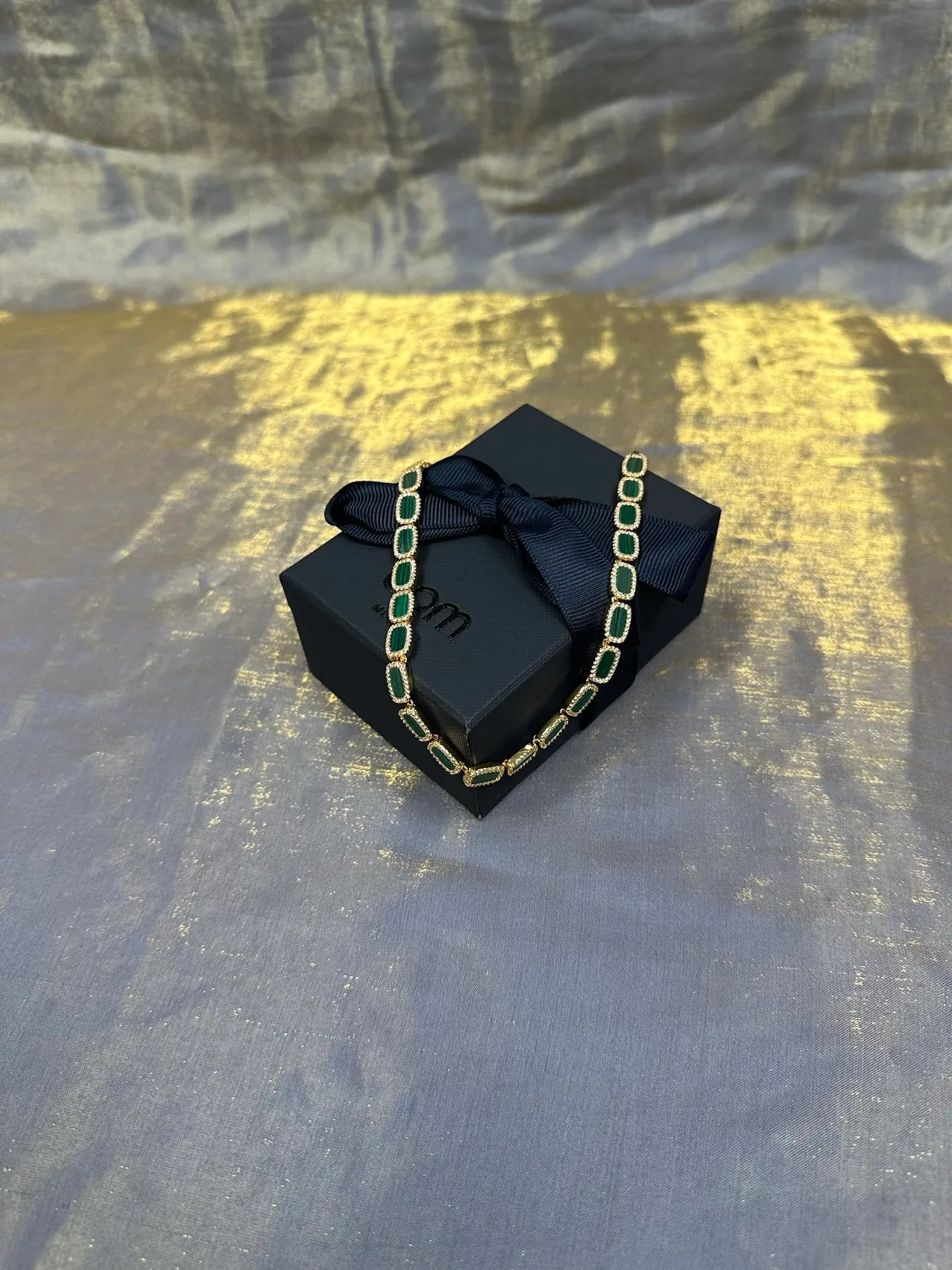 Green Gold Rectangular Link Design Pavé-Set Clear Stones Necklace 7