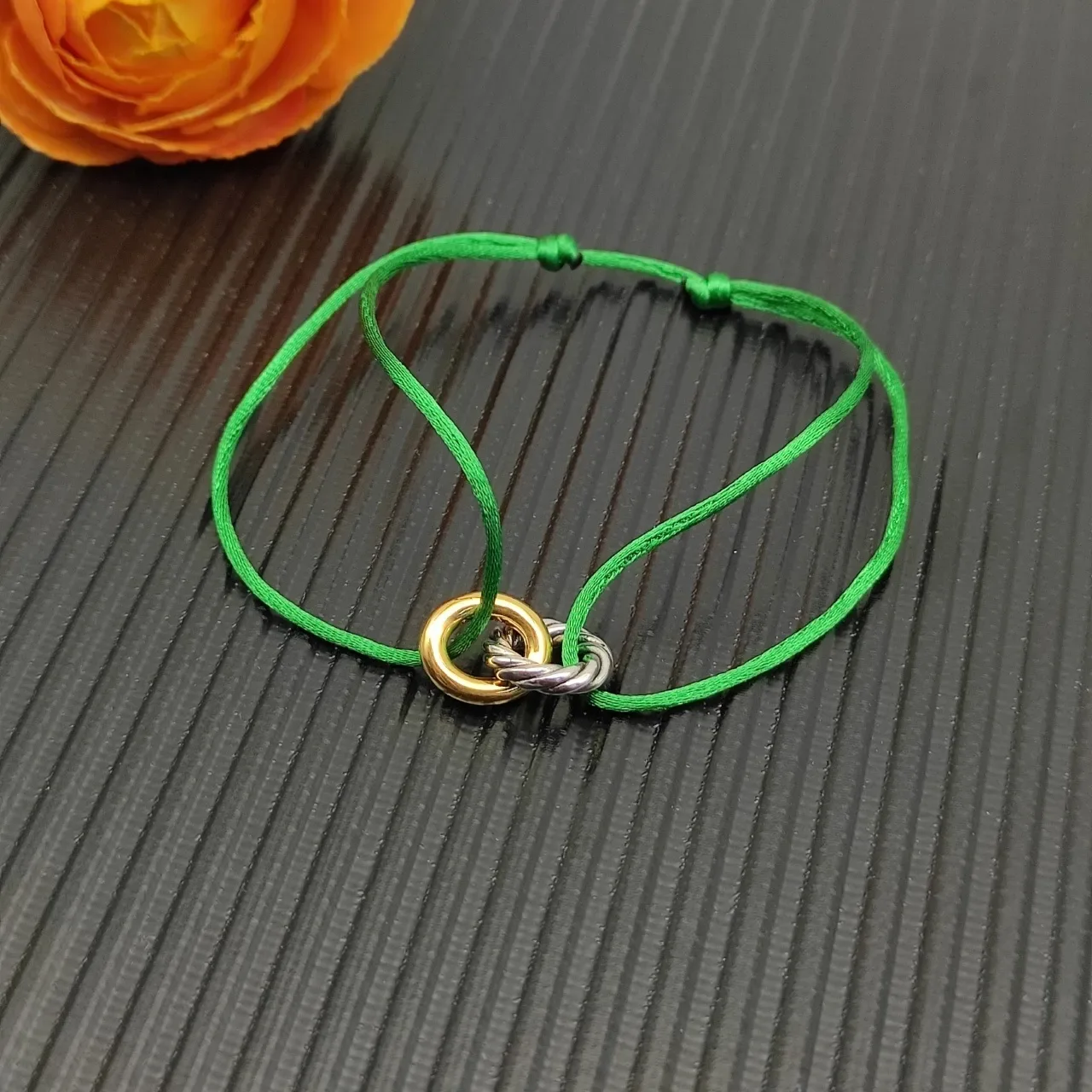 Green Gold Silk-Like Cord Dual-Tone Metal Knot Clasp Bracelet 6