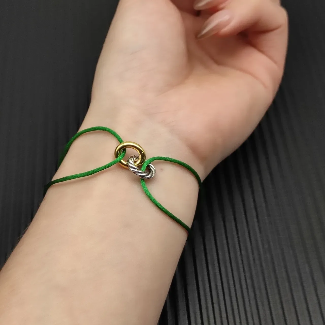 Green Gold Silk-Like Cord Dual-Tone Metal Knot Clasp Bracelet 7