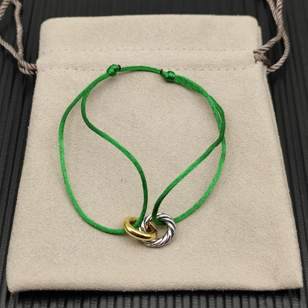 Green Gold Silk-Like Cord Dual-Tone Metal Knot Clasp Bracelet 8
