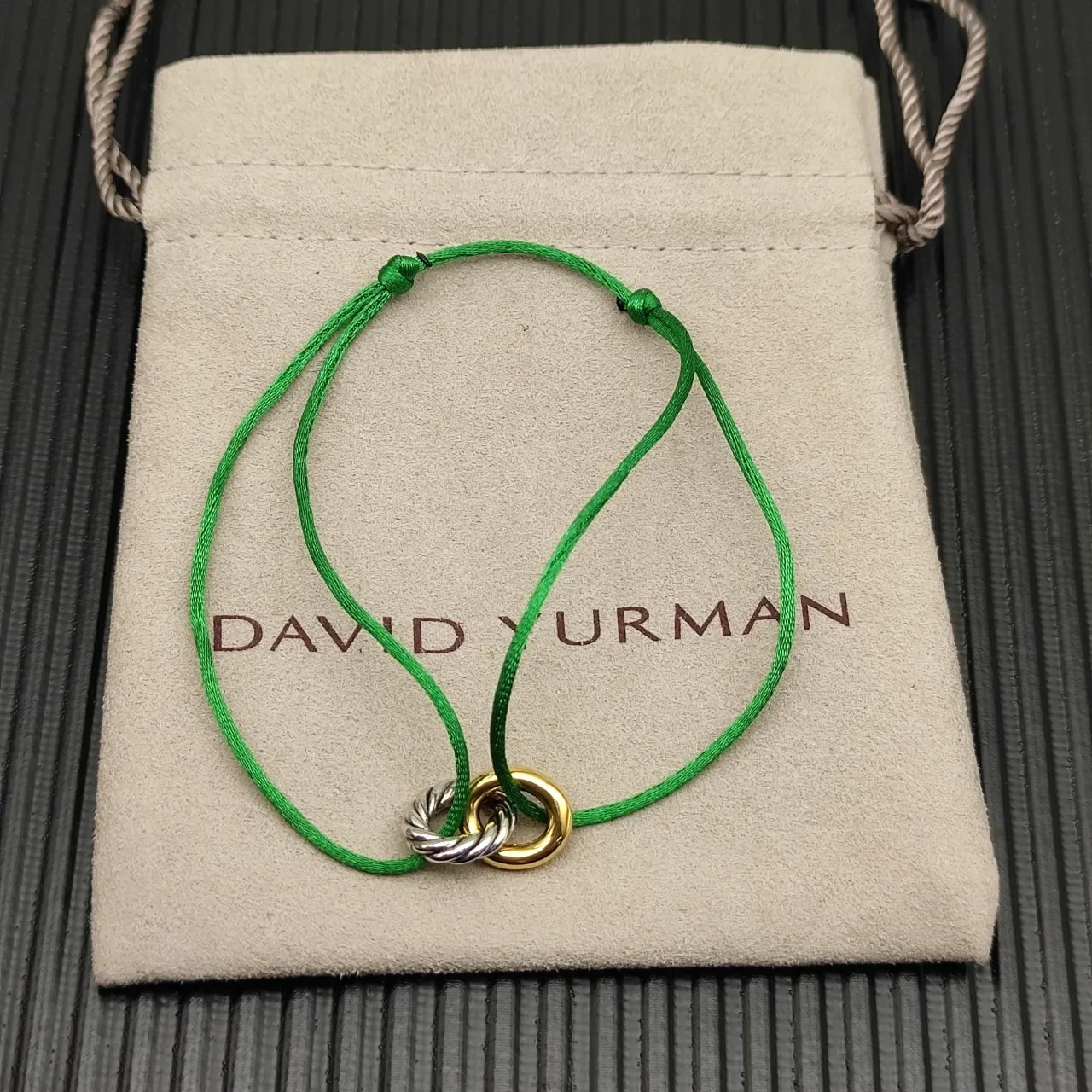Green Gold Silk-Like Cord Dual-Tone Metal Knot Clasp Bracelet 9