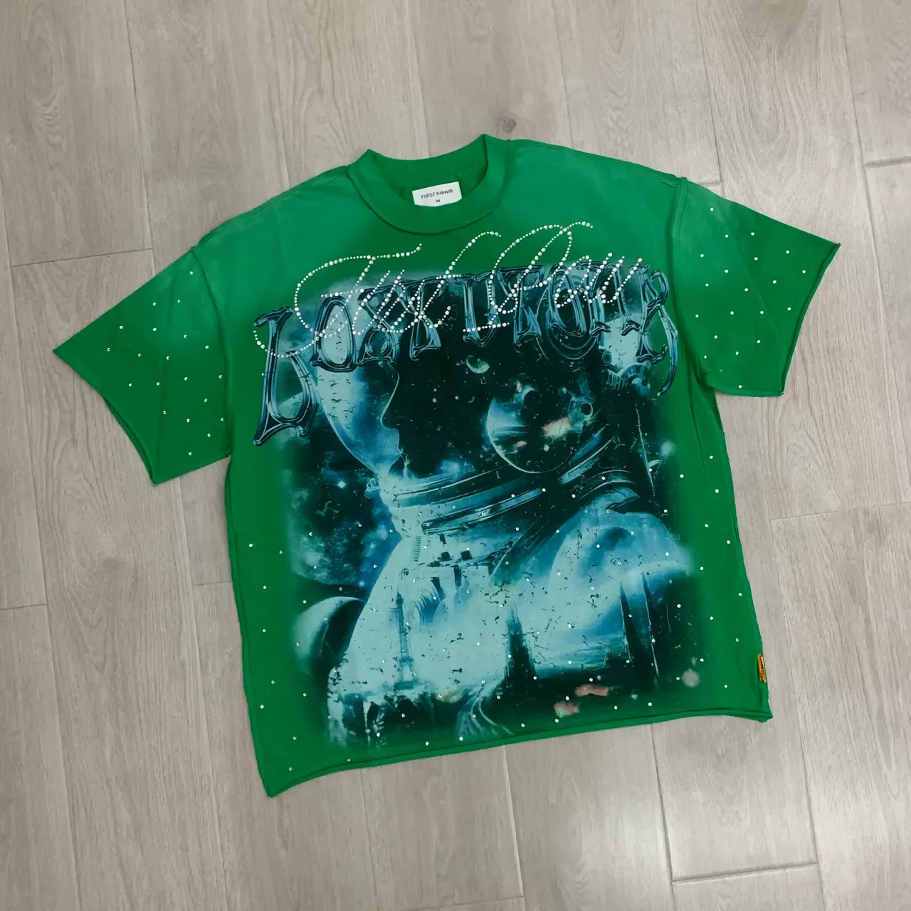Green Graphic-Print Rhinestone-Embellished Space-Themed T-Shirt 5