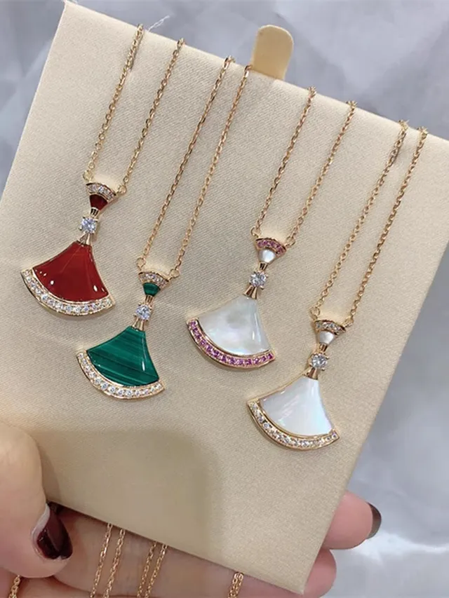 Green Pink Fan-Shaped Pendant Gemstone Drop Necklace 2