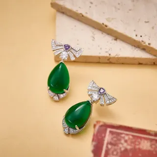 Green Purple Teardrop Cabochon Pavé-Set Diamonds Earrings