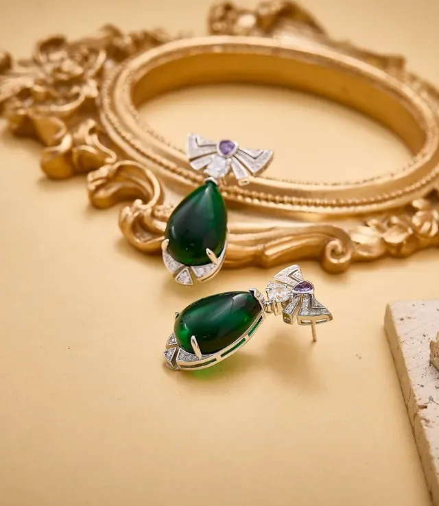 Green Purple Teardrop Cabochon Pavé-Set Diamonds Earrings 2