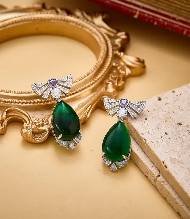 Green Purple Teardrop Cabochon Pavé-Set Diamonds Earrings 3